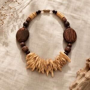 Vintage Tribal Wood Statement Necklace Boho Natural Bead Collar Necklace